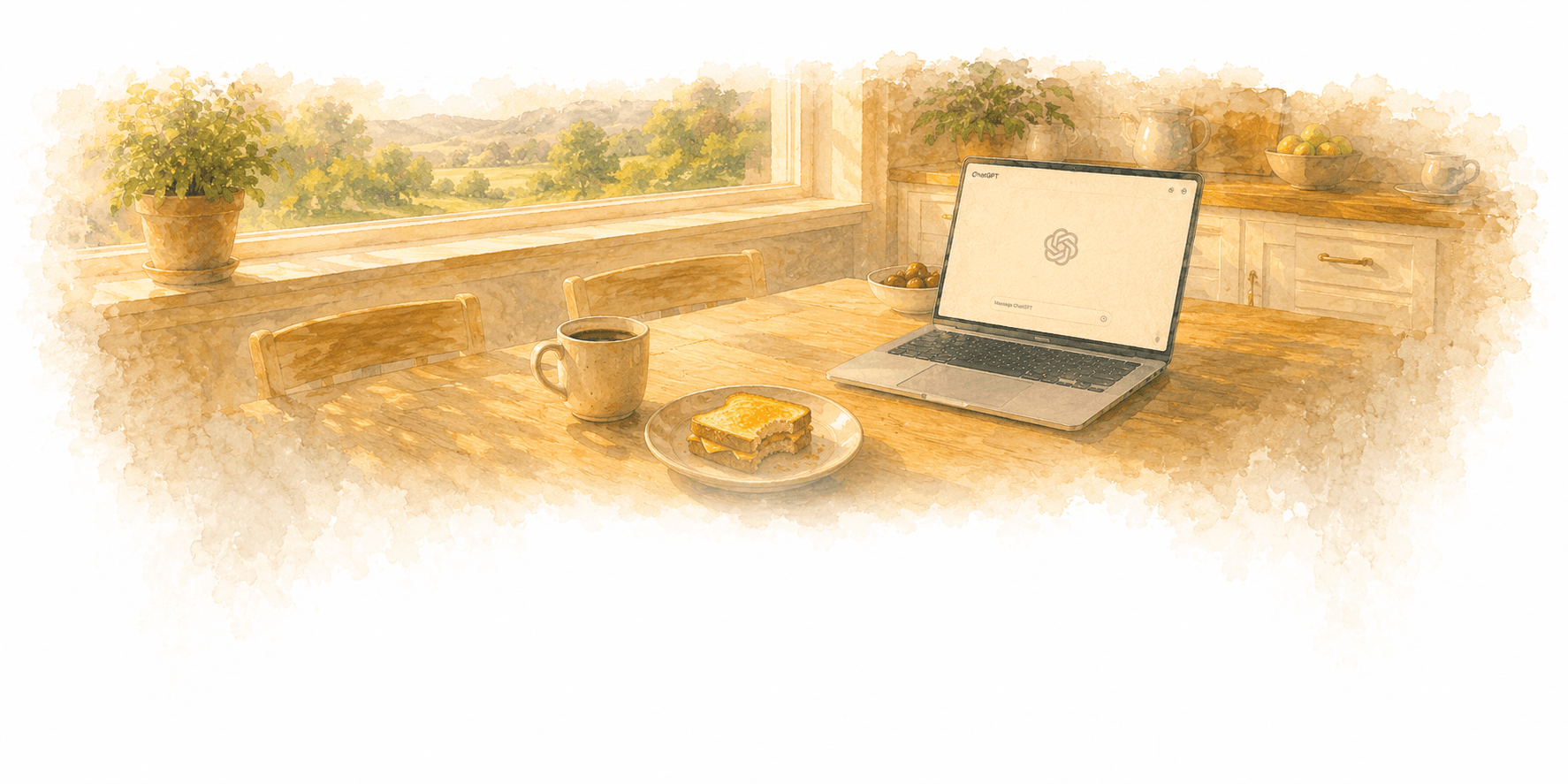 Morgonljus över ett köksbord med kaffe och en bärbar dator